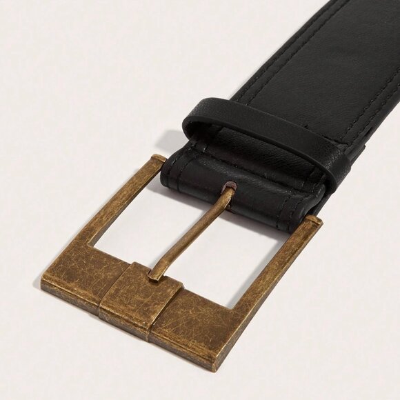 Square Buckle Thick Vegan Leather Belt Black - Picture 3 of 4